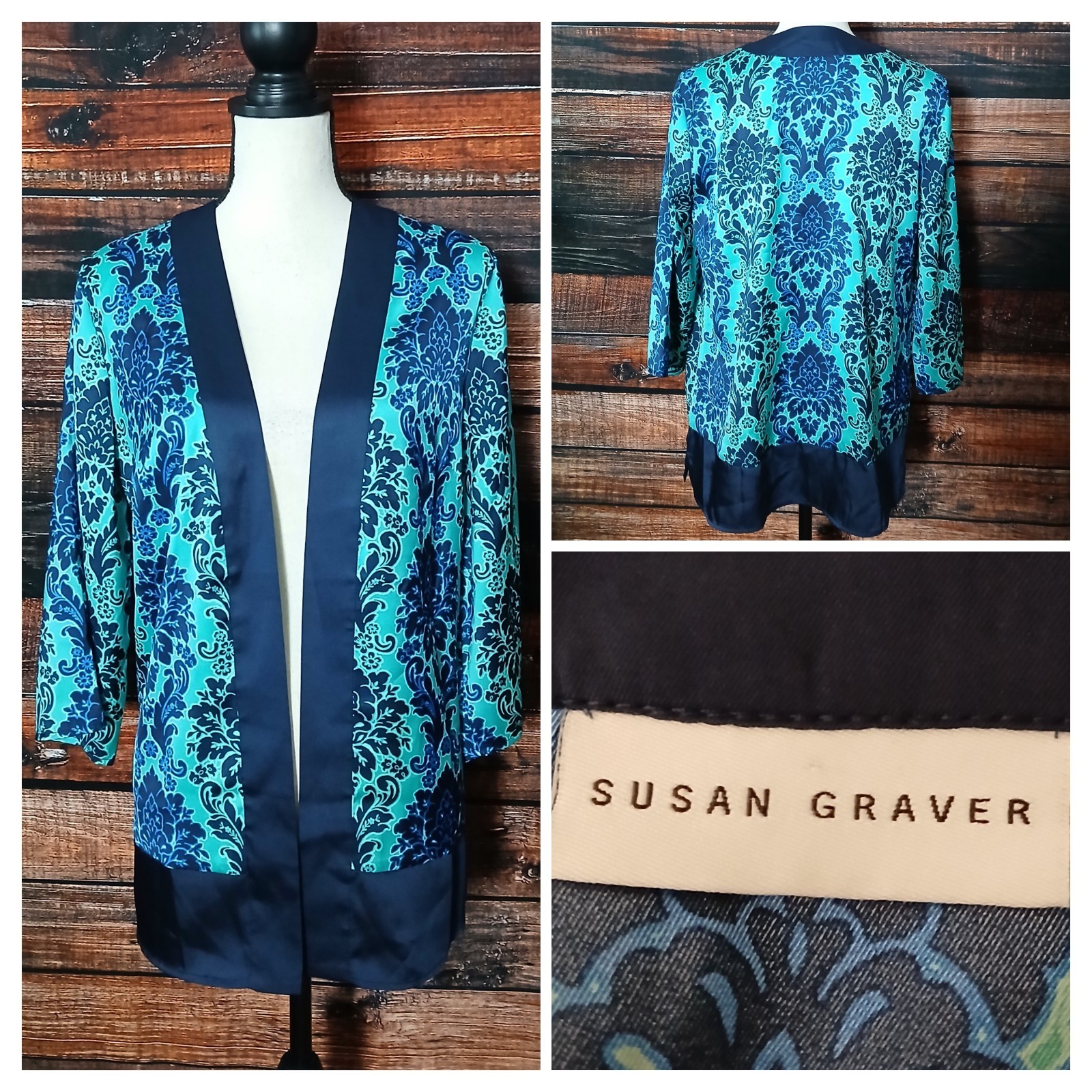 Susan Graver S Kimono Cardigan Top Satin Damask Seafoam Blue