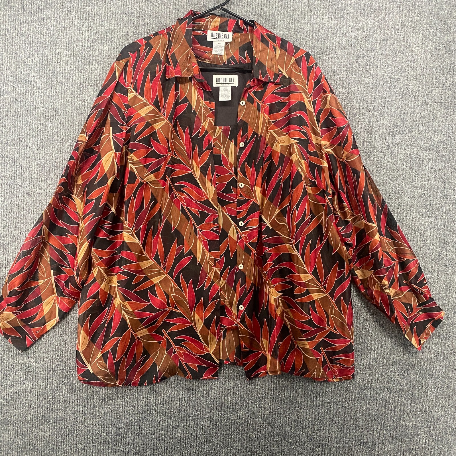 Robbie Bee Blouse Top Womens 18W Silk Leaf Print Button Up Ladies Vintage Fall