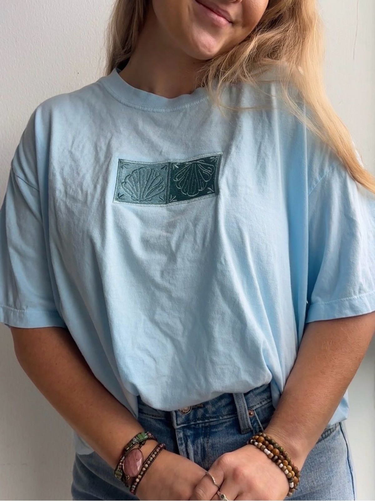 NWT 100% Cotton Light Blue Shell Graphic Crewneck Boxy T-Shirt