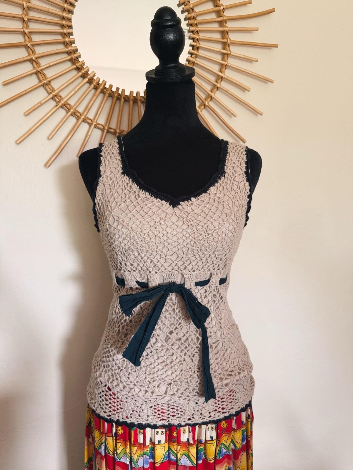 Vintage Y2K Glimmer Tan Crochet Cottage Core Tank with Black Tie Waist Size M