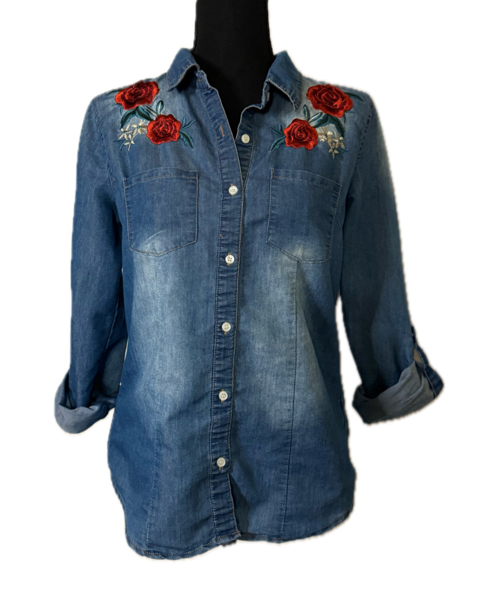 Cavalini Women’s Denim Button Up Rose Embroidery Petite M Dark Wash