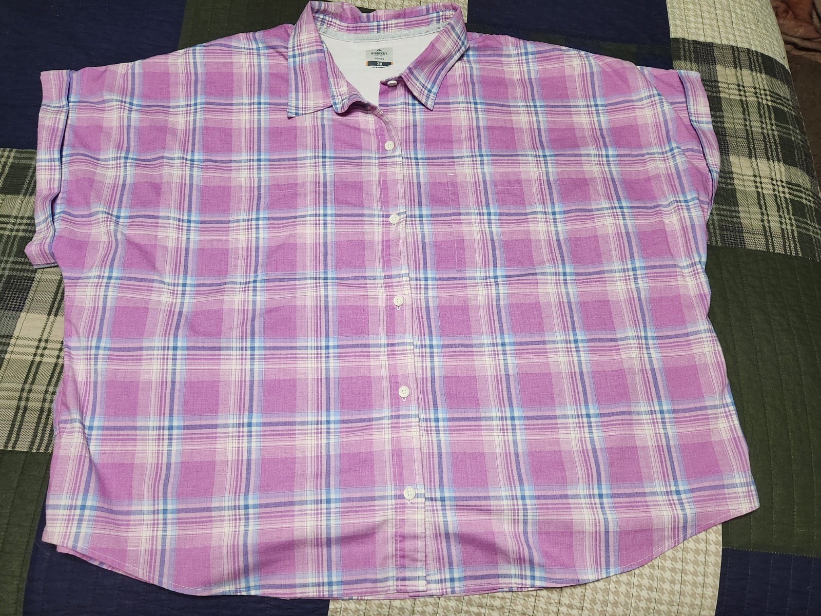 Ridgecut 3X Women’s Short Sleeve Plaid Shirt, Pink/Blue Plus Size SMOKE-FREE
