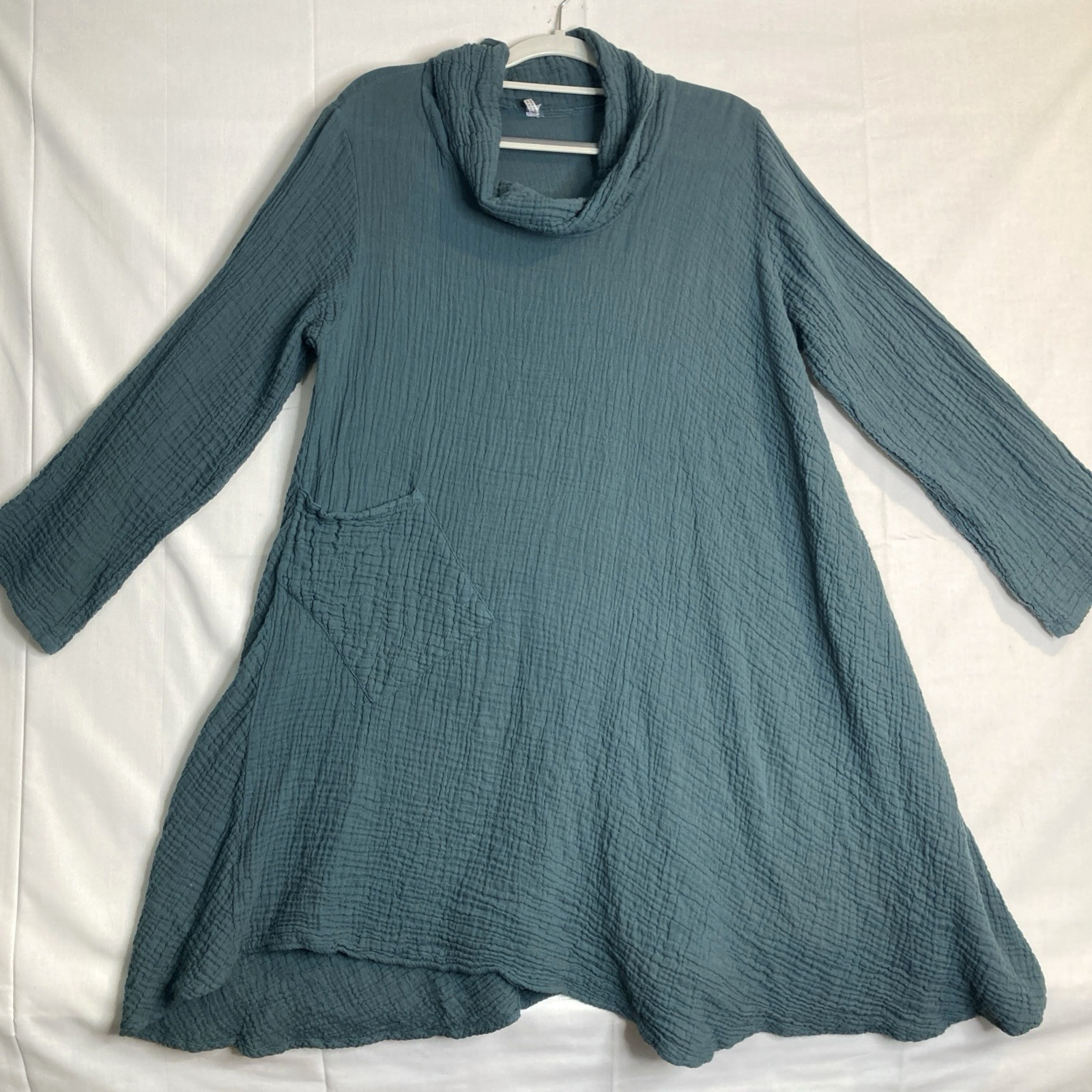 Gauze Tunic Top Pockets V-neck Blue Green L/ XL Breathable Lagenlook Flowy
