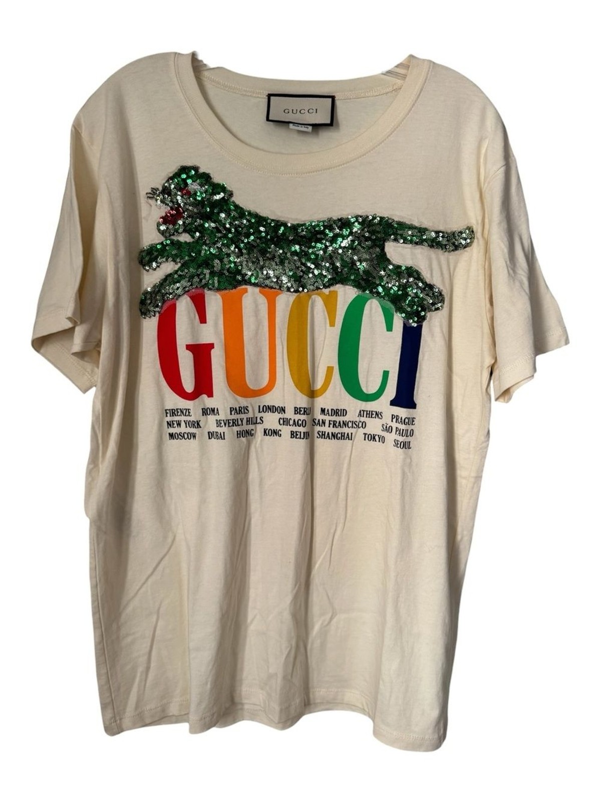 Gucci Cream City Logo Print Cotton Sequin Tiger Applique Detail T-Shirt S