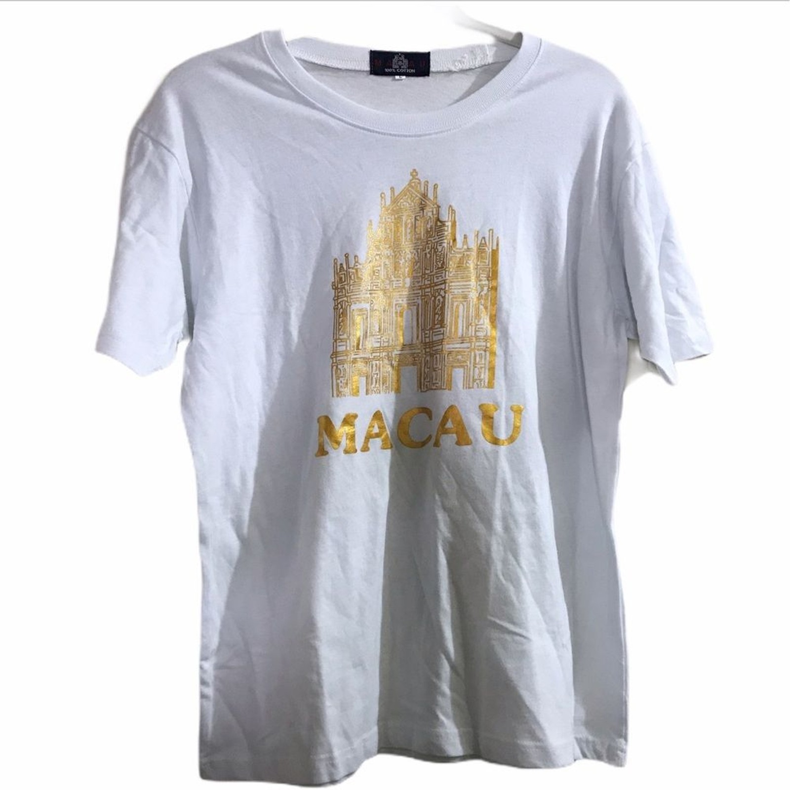 Macau Vintage T Shirt Tee White/Gold Crew Neck Short Sleeve Travel Minimalist L