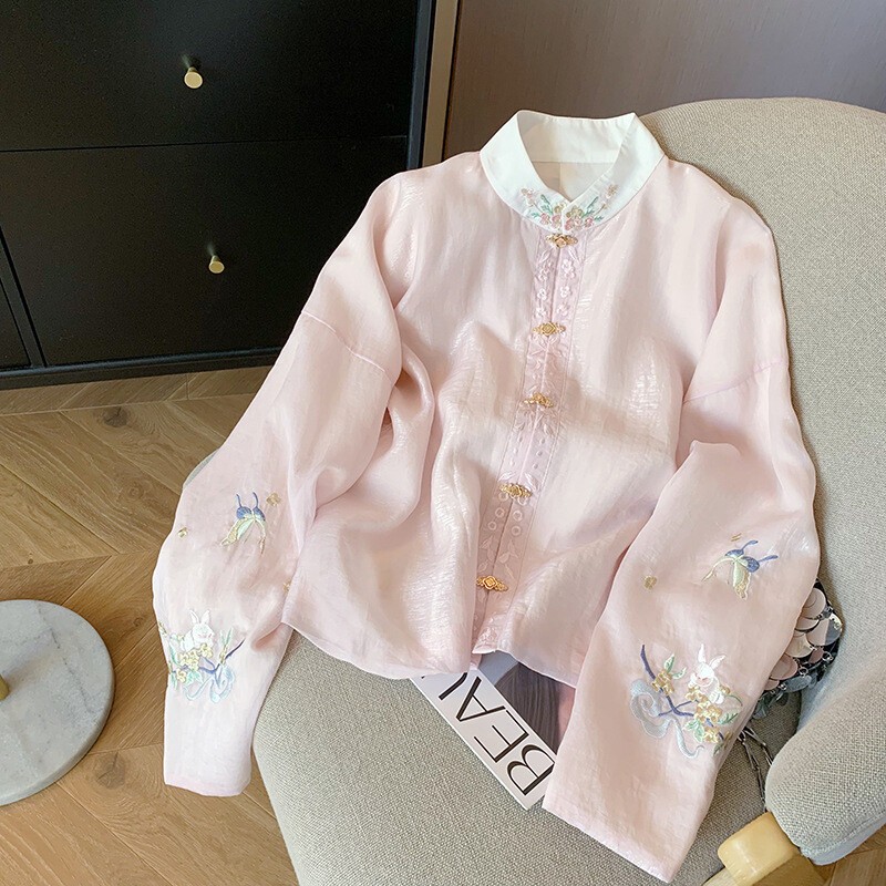 Womens Chinese Style Long Sleeve Shirts Floral Embroidery Stand Collar Thin Tops