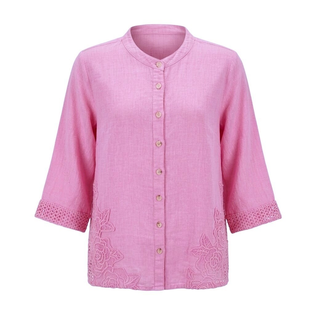 NEW Leo Nicole 1X Blossom Pink Ramie Cotton Lace Trim Button Front Shirt Plus