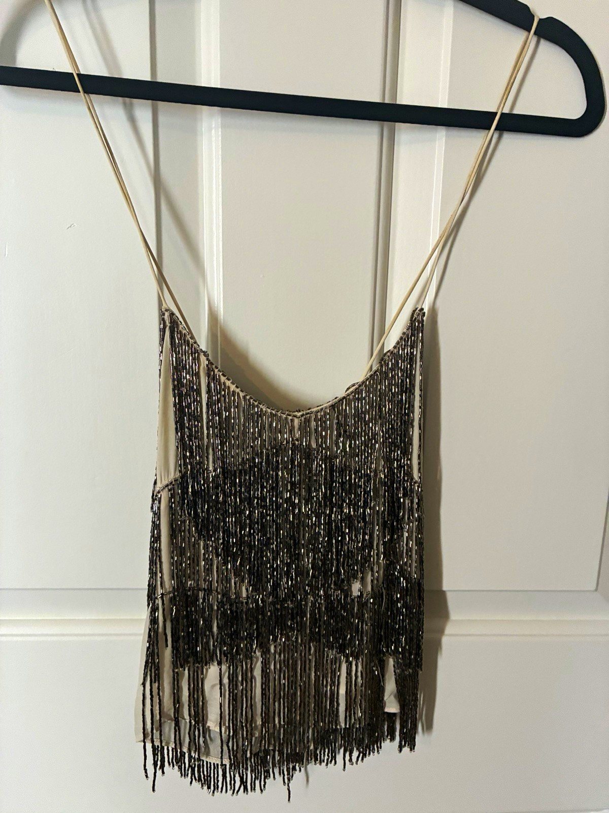 Free People XS Silver/Cream Beaded Fringe Spaghetti Strap Scoop Neck Cami