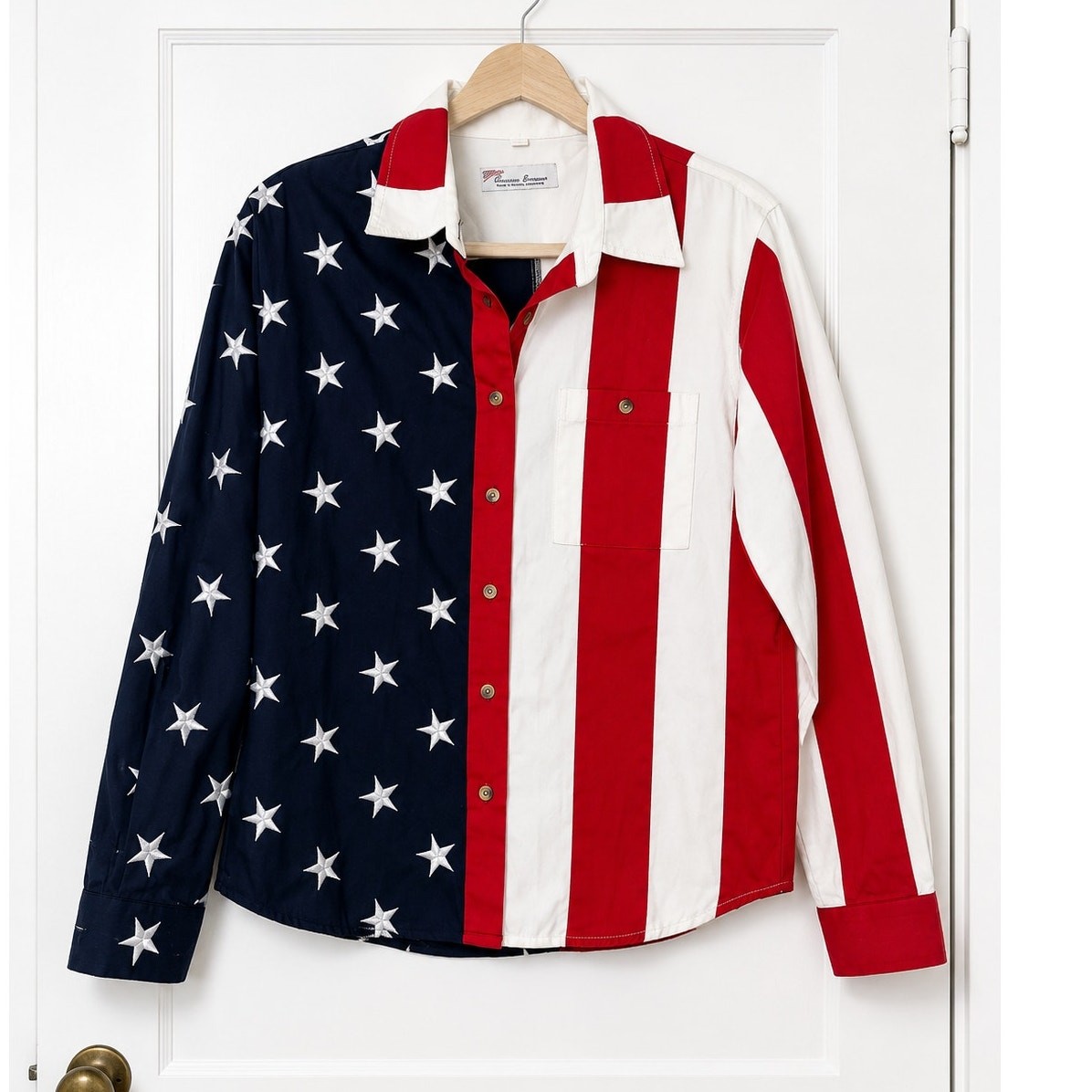 American Summer USA Flag Button Front Shirt Women’s Medium Patriotic Long Sleeve