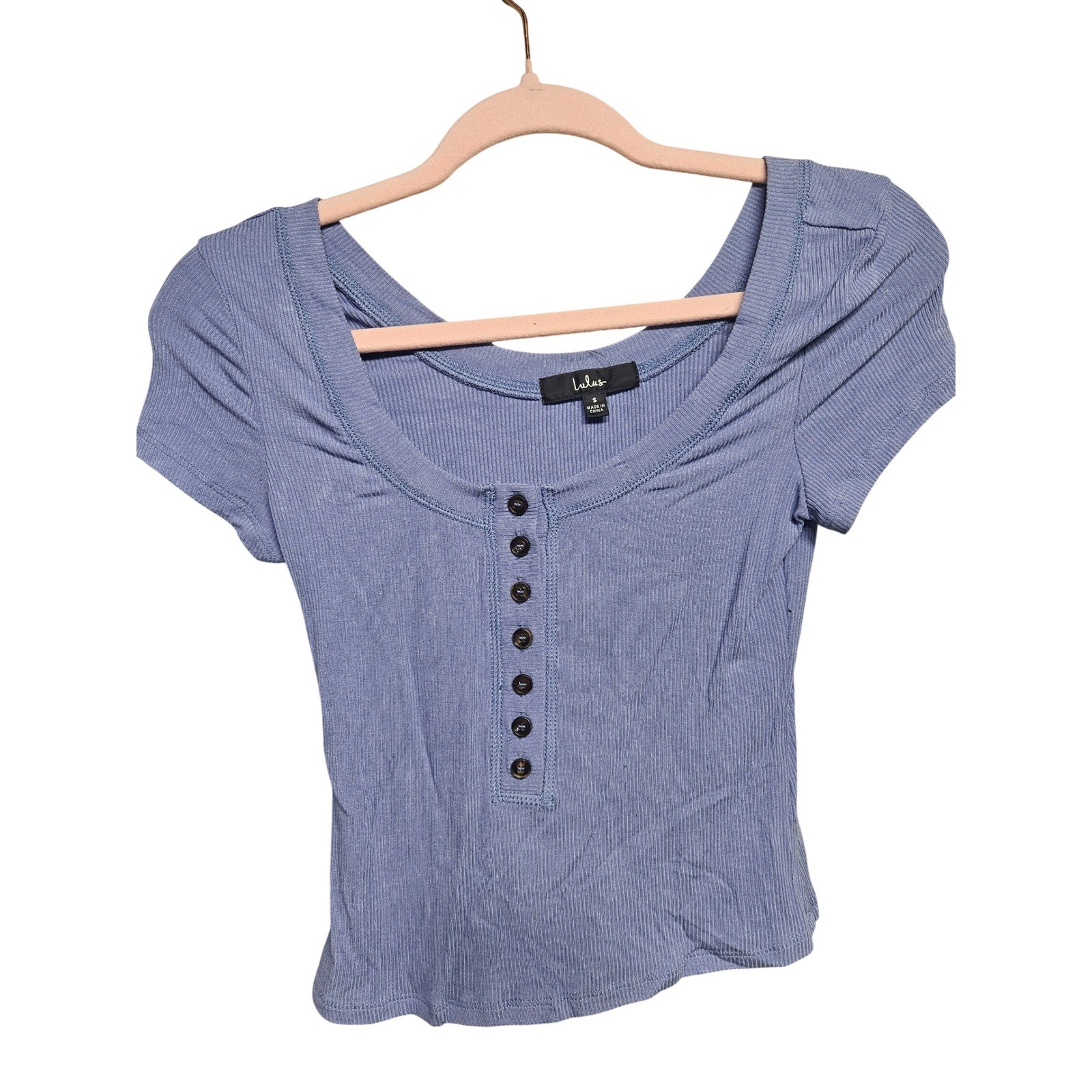 Lulus Womens Periwinkle Blue Ribbed Henley Short Sleeve Scoop Neck Top Small