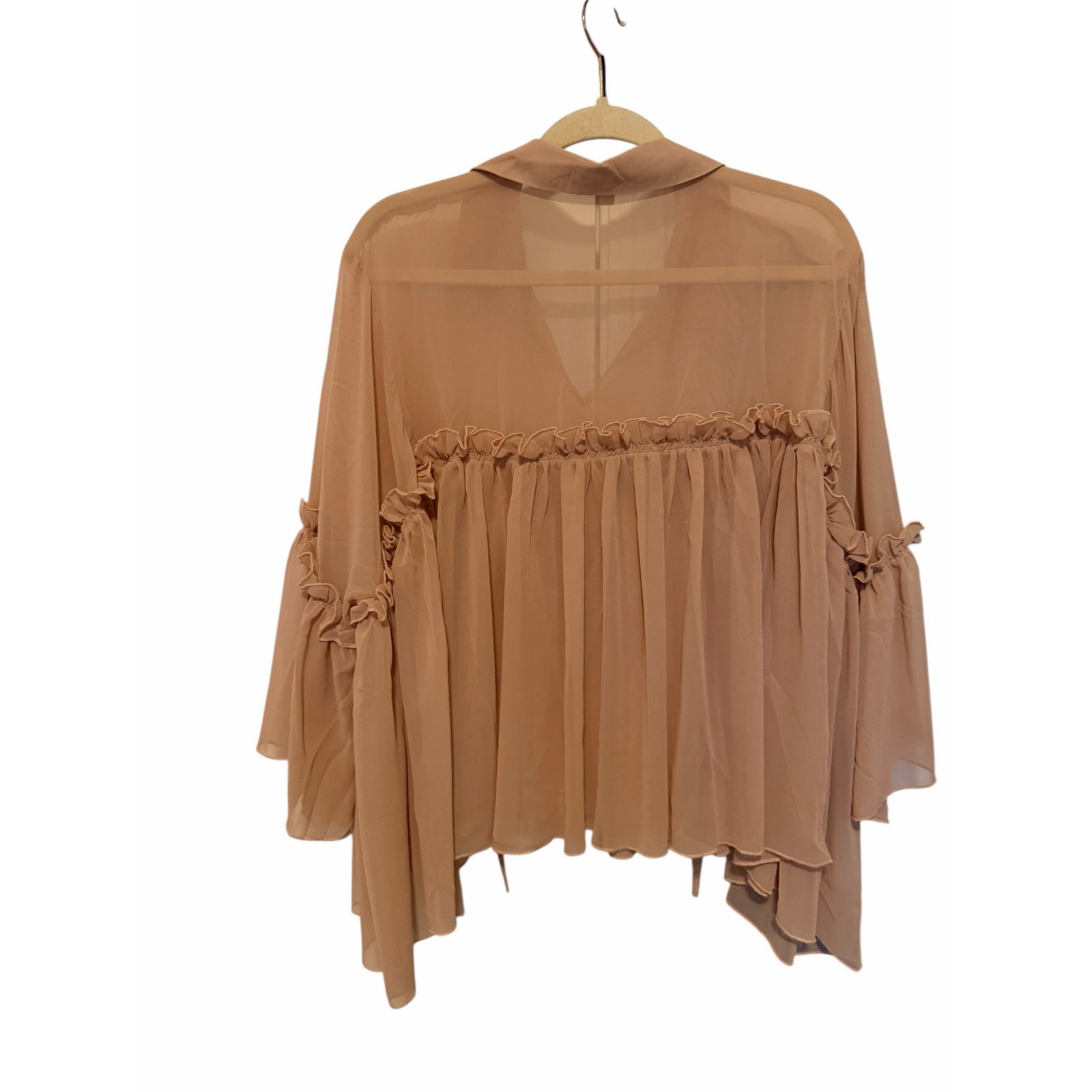 Ellie & Kate Women’s Small Light Pink Sheer Long Sleeve Tasseled Collar Blouse