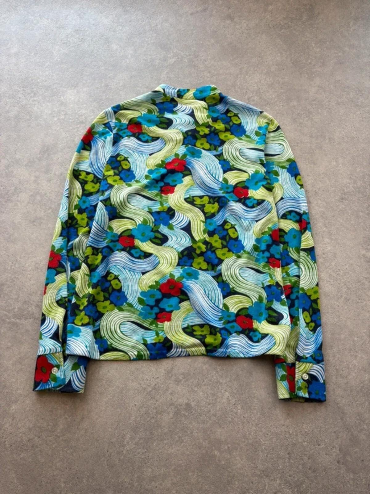 Vintage 1970s Blouse Womens Medium Floral Psychedelic Long Sleeve Retro Mod