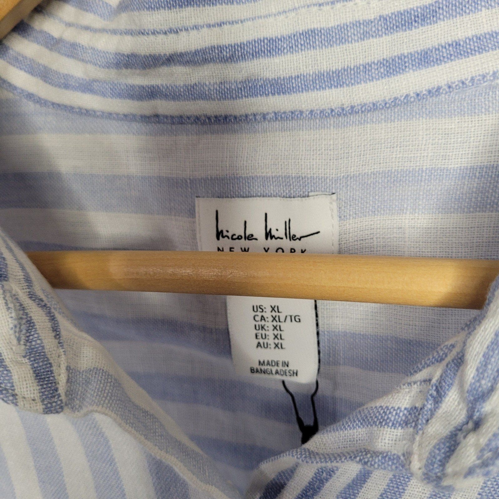 Nicole Miller Linen Top Womens Sz XL Blue White Striped Long Sleeve Coastal New