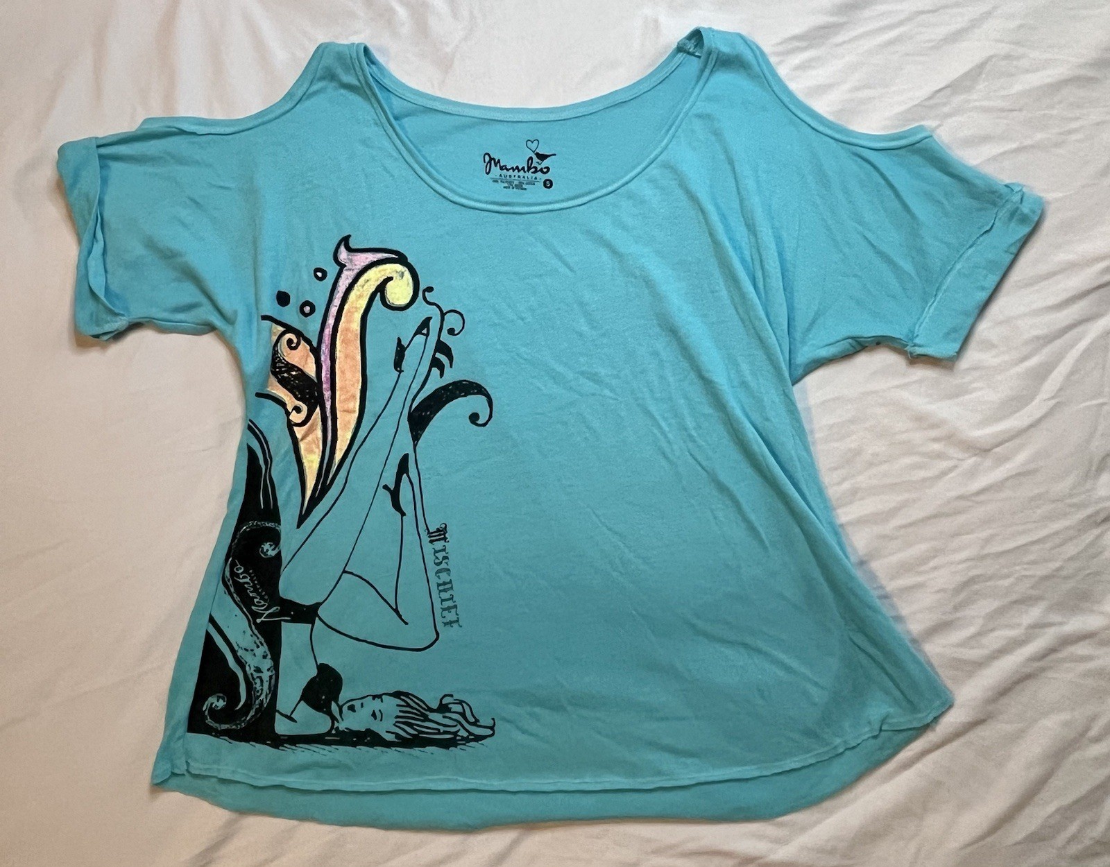 Mambo Australia Blue Cold Shoulder Going Out Shirt Size Small Fairy Mischief