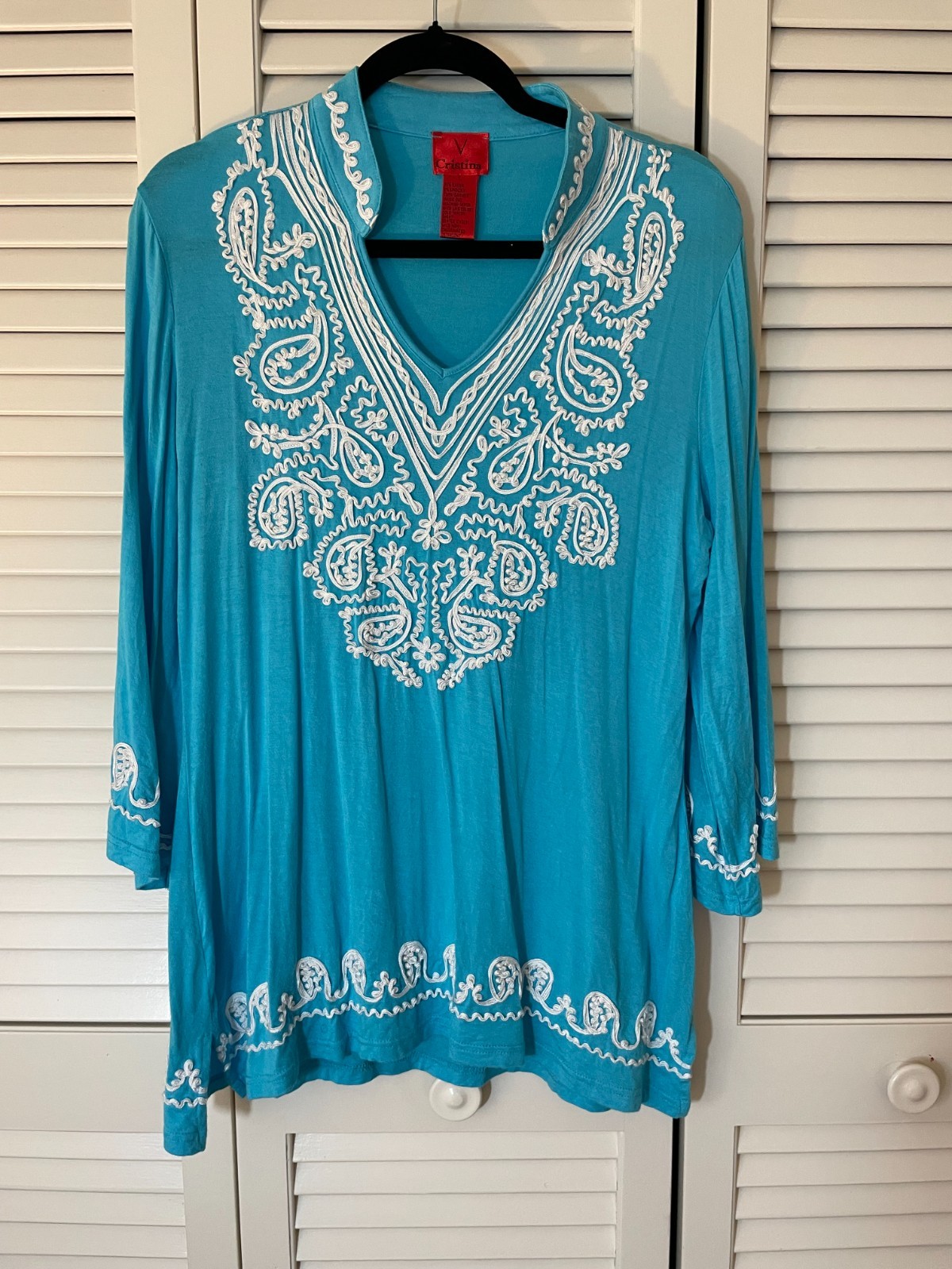 V Cristina Shirt Turquoise Blue White Embroidered Tunic Shirt Sz. L Boho Braided