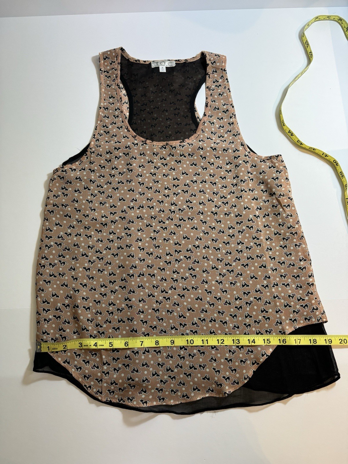 TCEC Women’s Small Racerback Tank Top Cat Pattern Blush Pink and Black