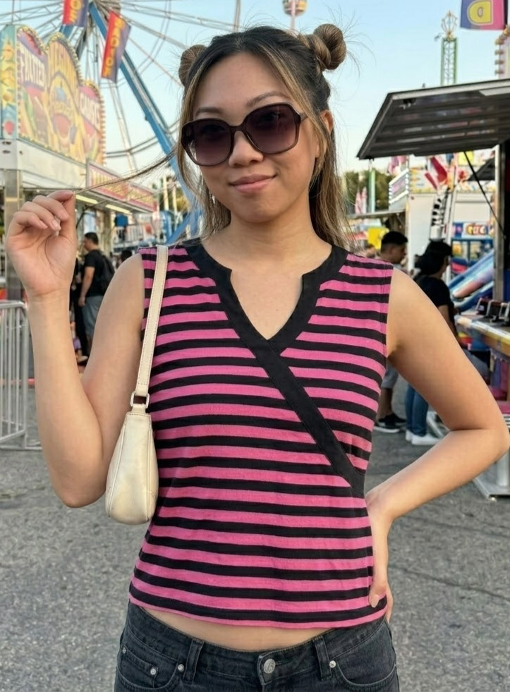Black and pink alternative pop-punk striped semi-wrap front V neck tank top
