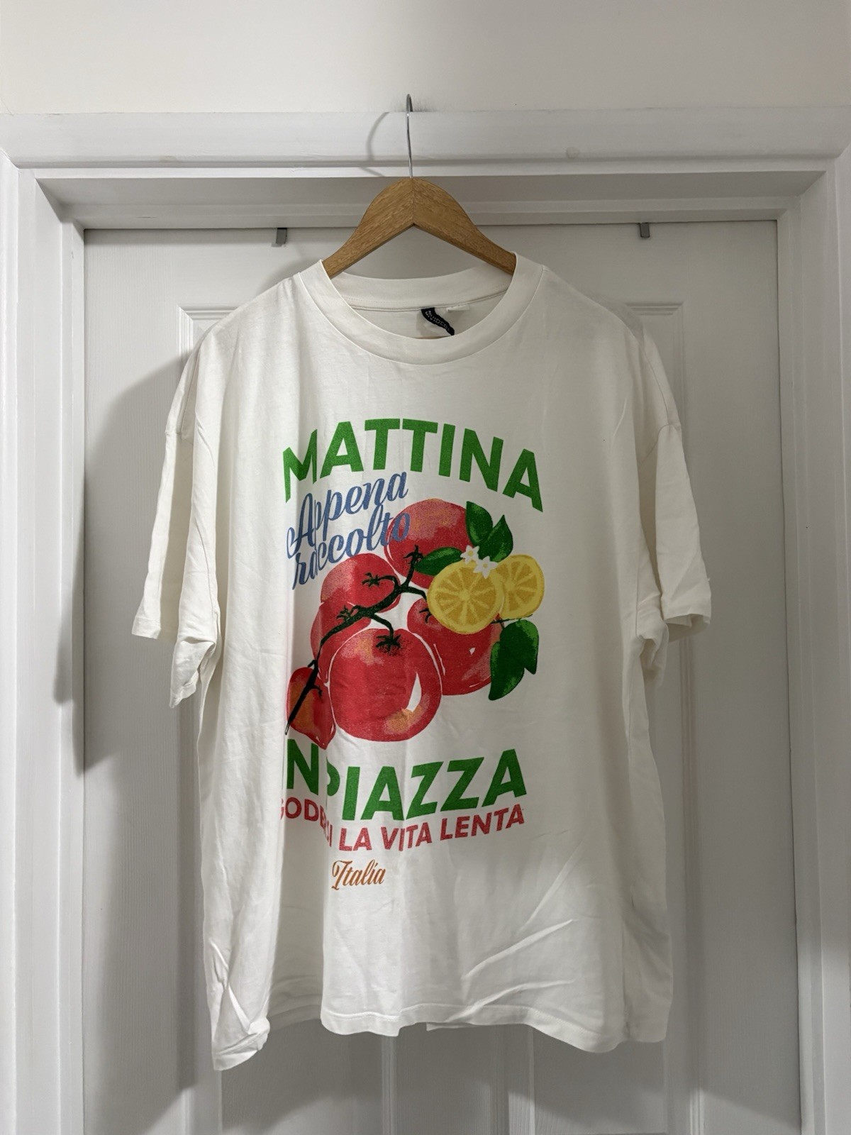 Women’s H&M White T Shirt Italian Fruit Print Size L 16-18 100% Cotton