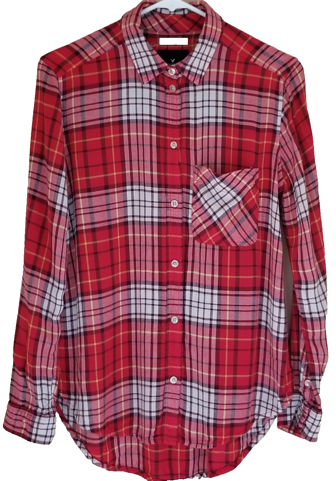 AMERICAN EAGLE Shirt Women S Red Plaid Boyfriend Fit Long Sleeve Rockabilly Grun
