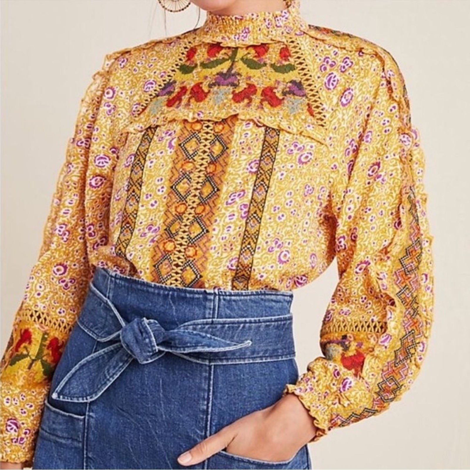 Anthropologie Maeve Goldie Embroidered Lace Peasant Boho Ruffle Blouse Size 4