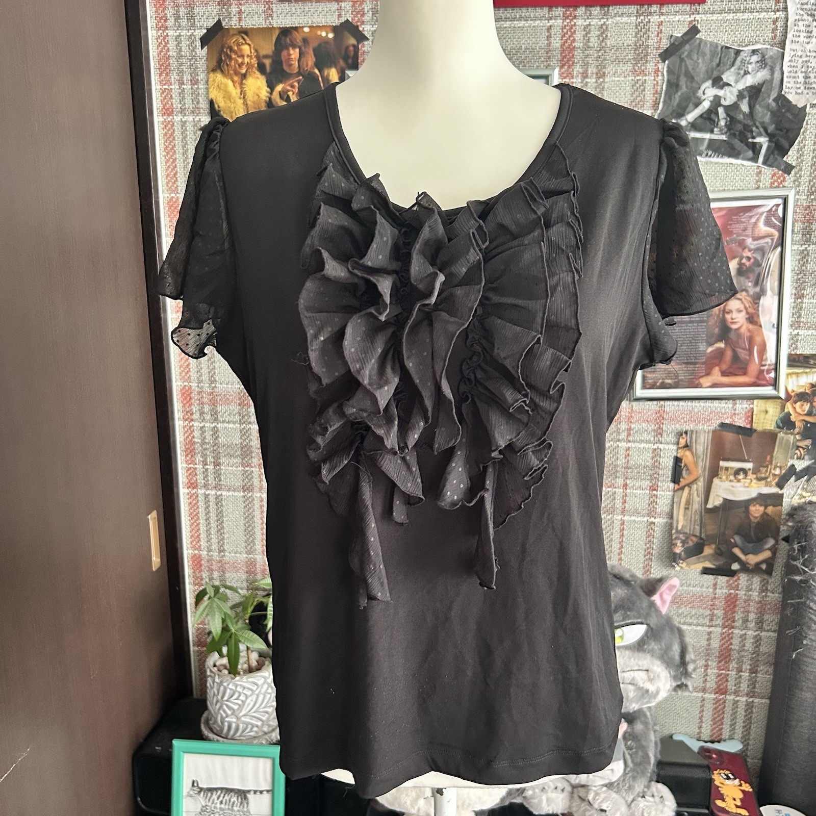 Black Ruffle Top Dot Sheer Detail Elegant Feminine Blouse Chic Dressy Tee