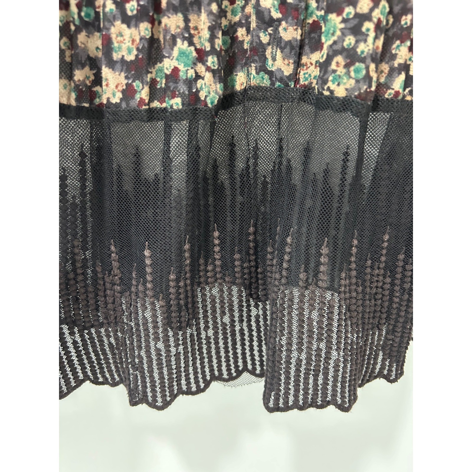 Hazel Floral Pleated Lace Trim Blouse Black Multi Bell Sleeve H33103 Womens L