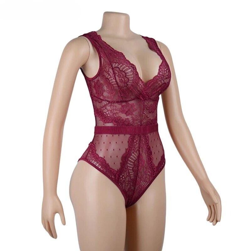 Mesh Lace Teddy Lingerie Sleeveless Burgundy Bodysuit Black Semi Sheer Top Cami