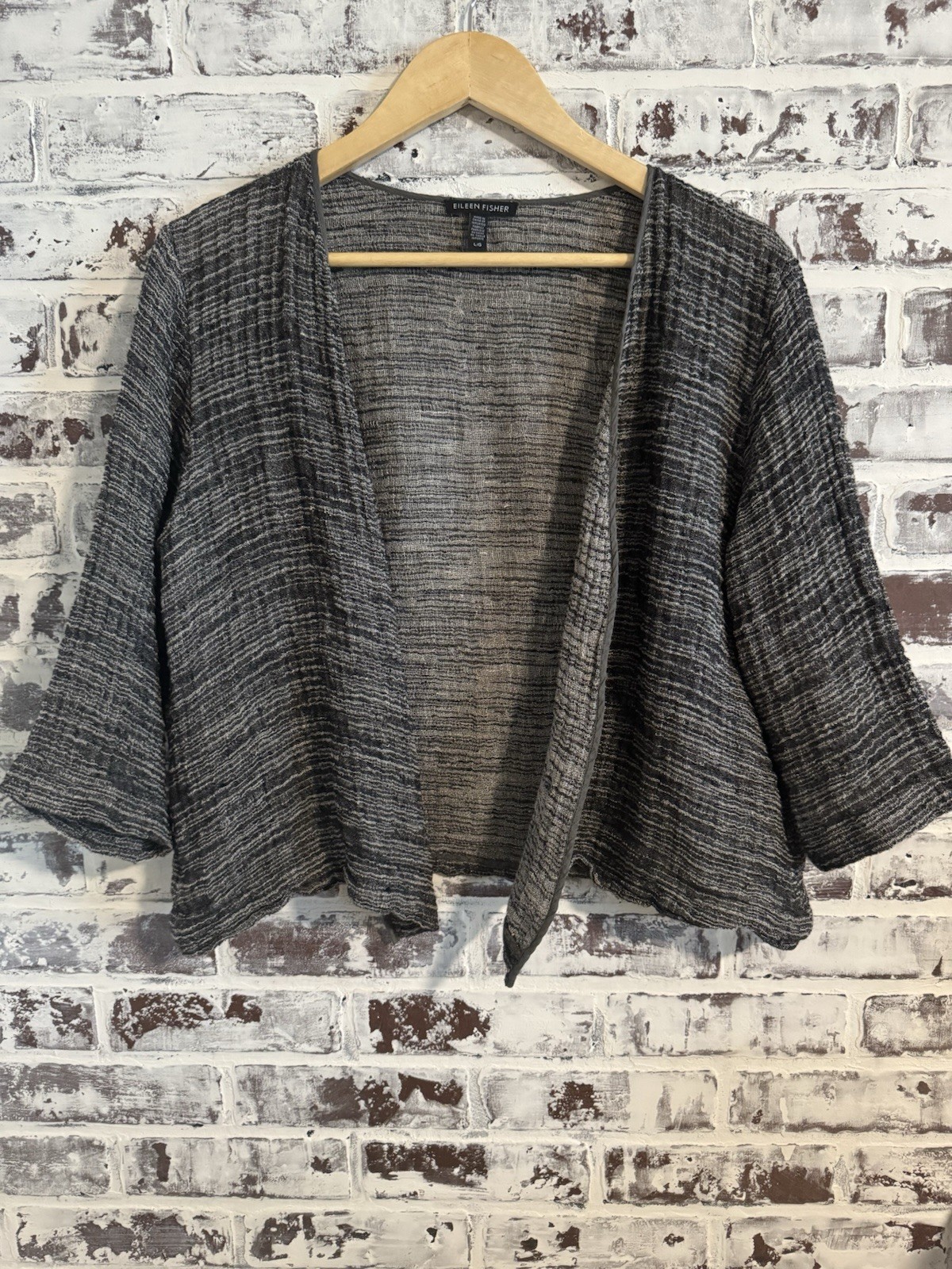 Eileen Fisher Large Organic Linen Gauze Strata Kimono Jacket Cardigan Silk Trim