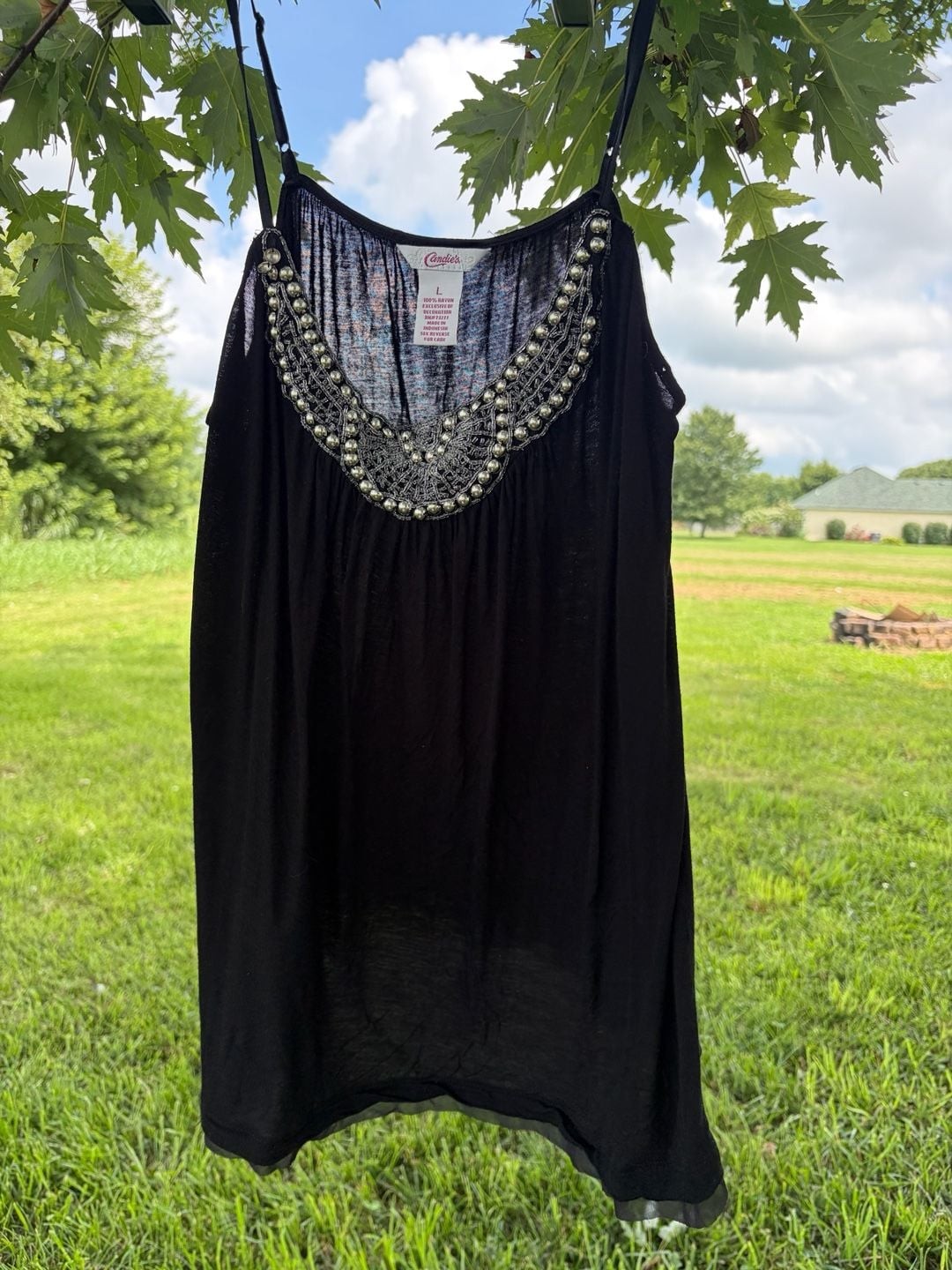Candie’s Black Spaghetti Strap Tank Top with Beaded Neckline Detail, Size Large
