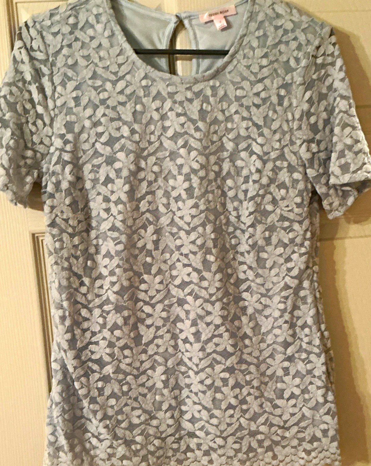 TEDDI ROSE Women’s Blue Floral Lace Round Neck Short Sleeve Blouse Top S
