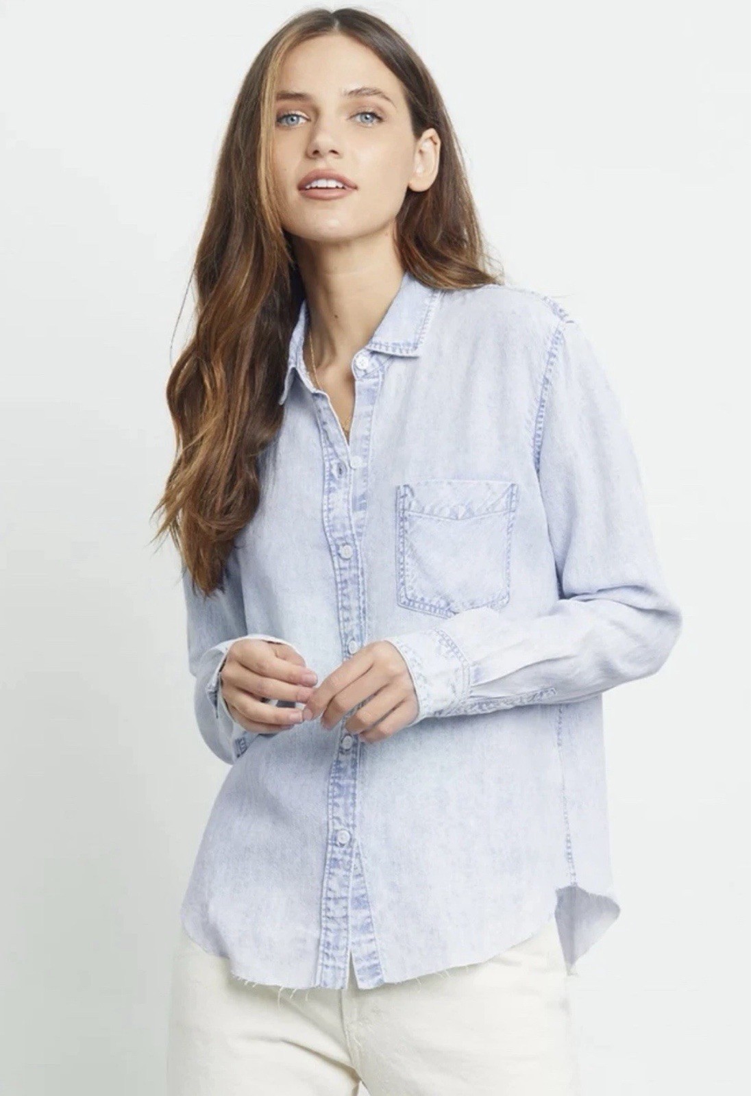 Rails Ingrid Raw Light Acid Wash Denim Button-Up Long Sleeve Shirt – L