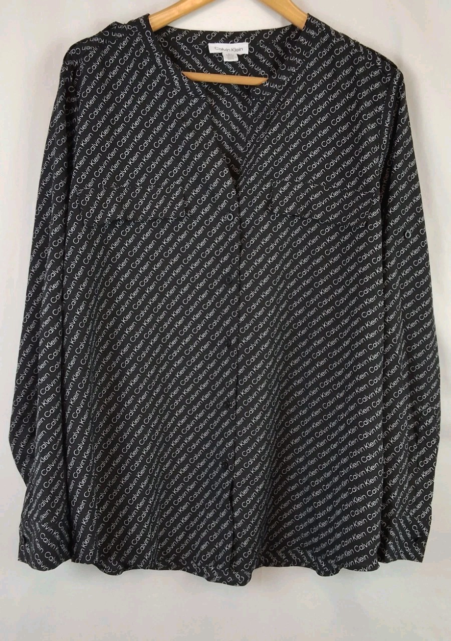 Calvin Klein Women’s Logo Blouse V-Neck Button Down Stand Collar Size-XL NEW