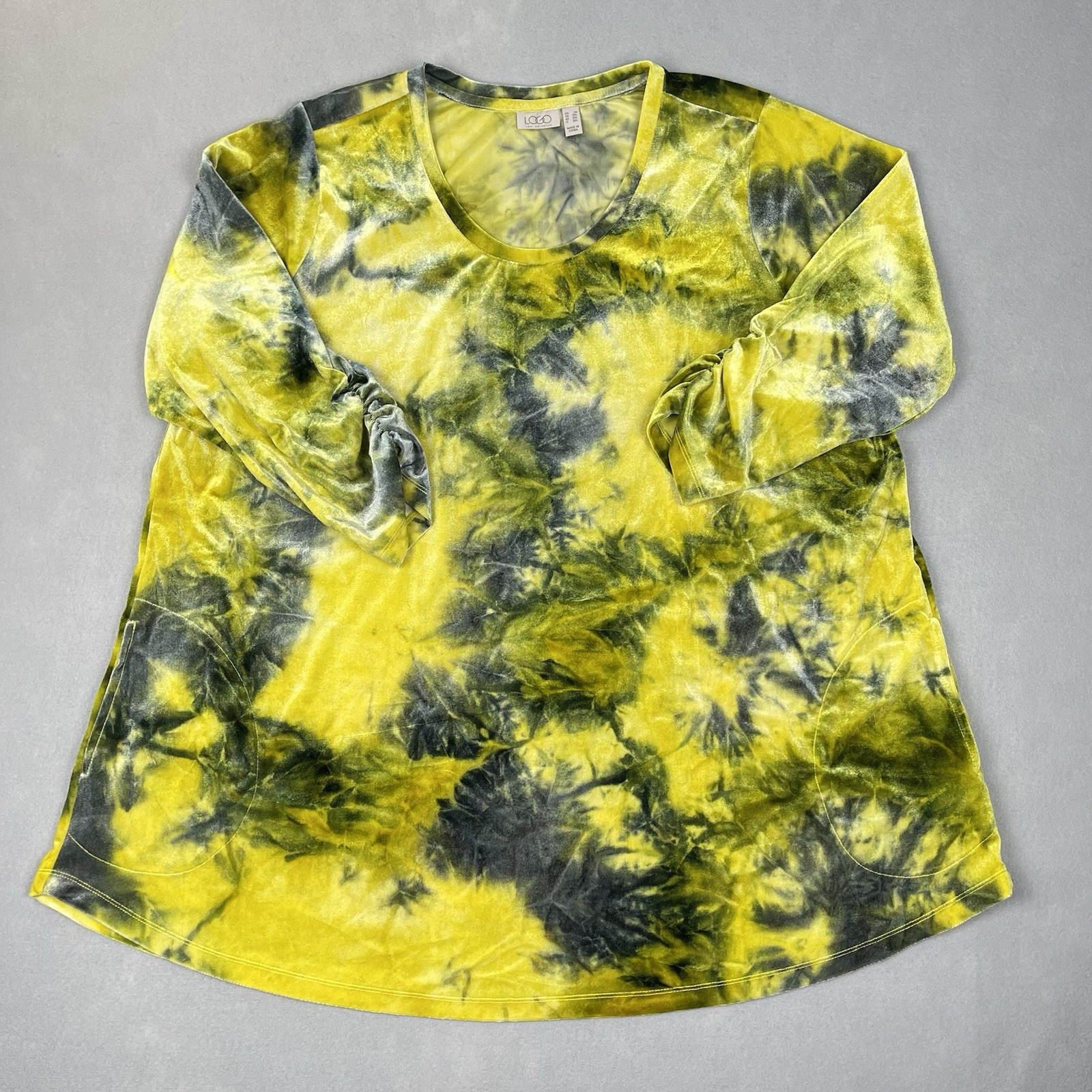 LOGO Lori Goldstein Womens Tie Dye Velour Tunic Top Sz 2X Yellow Boho Stretch
