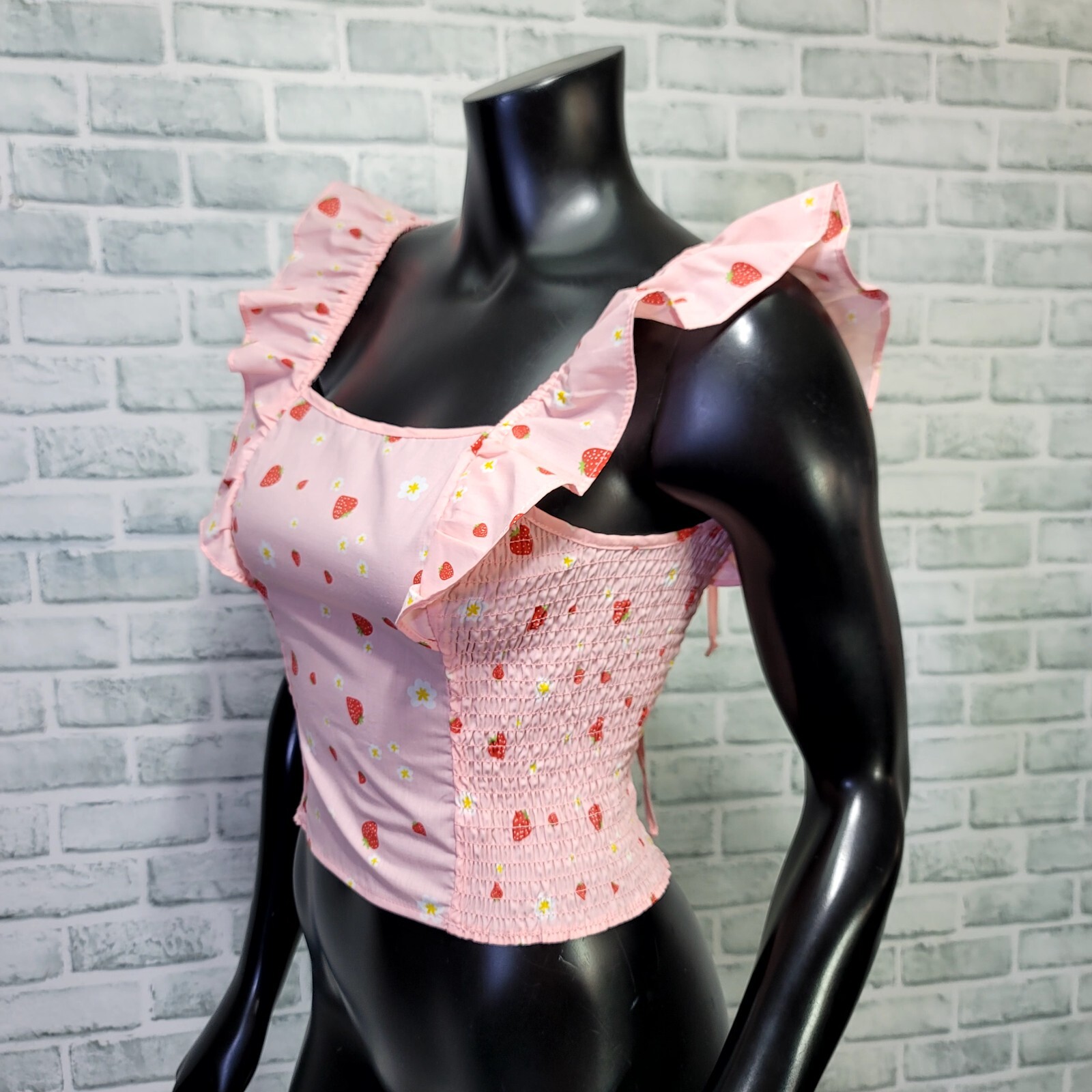 No Frills Womens S Pink Strawberry Pattern Smocked Sides Ruffle Straps Crop Top