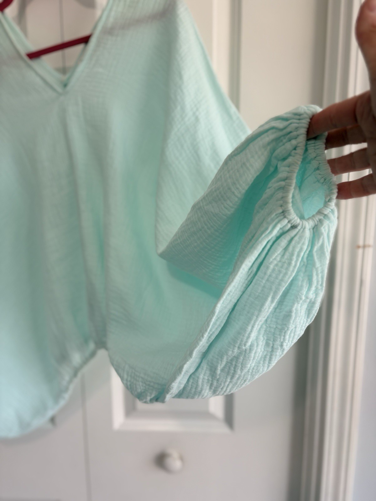Bucket List crinkle gauze poncho-style batwing top in mint green, Size M/L