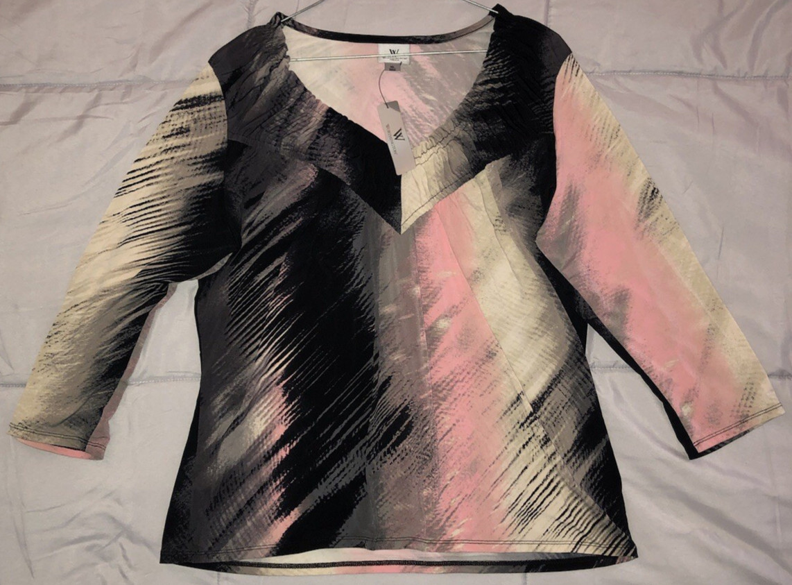 Worthington Stretch 3/4Sleeve Top Size XL V-Neck Black/Pink/Beige NEW NWT