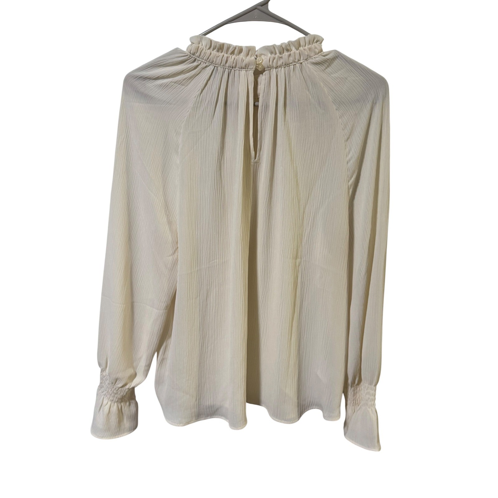 Loft Size Large Petites Ivory Pleated Ruffle Neck Smocked Cuff Blouse
