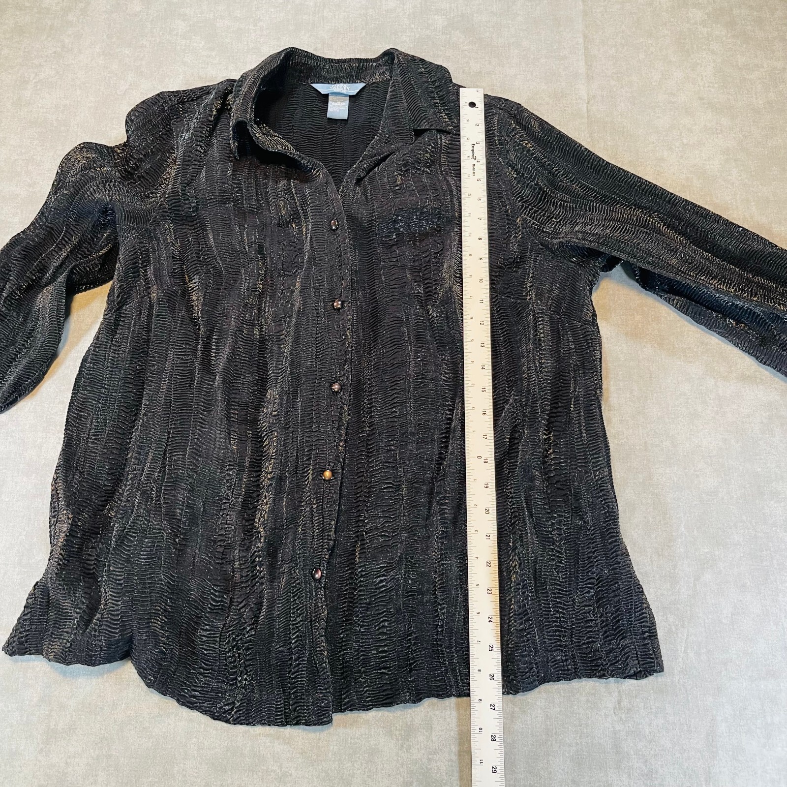 Napa Valley Woman 1X Blouse Shirt Black Metallic Crinkle Textured Button Up