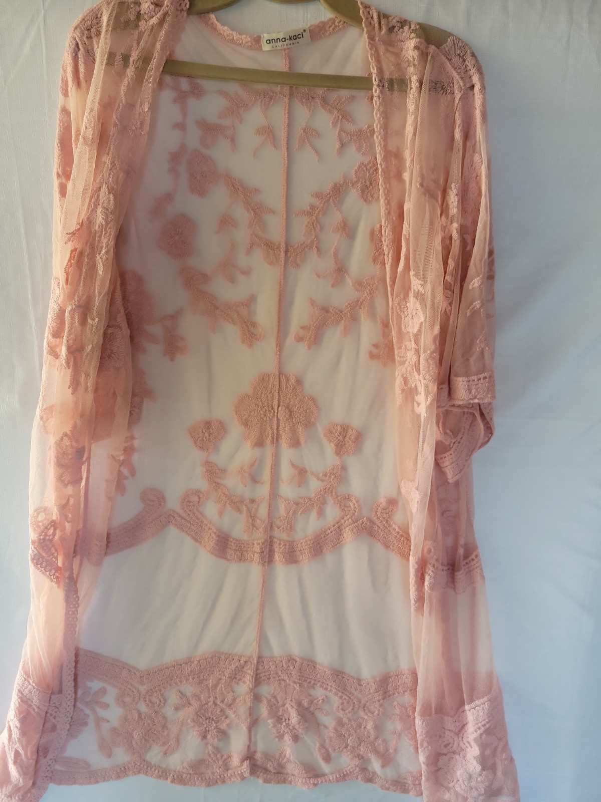 Anna-Kaci Pink Floral Embroidered Lace Kimono Cardigan Open Front Mesh Boho OS