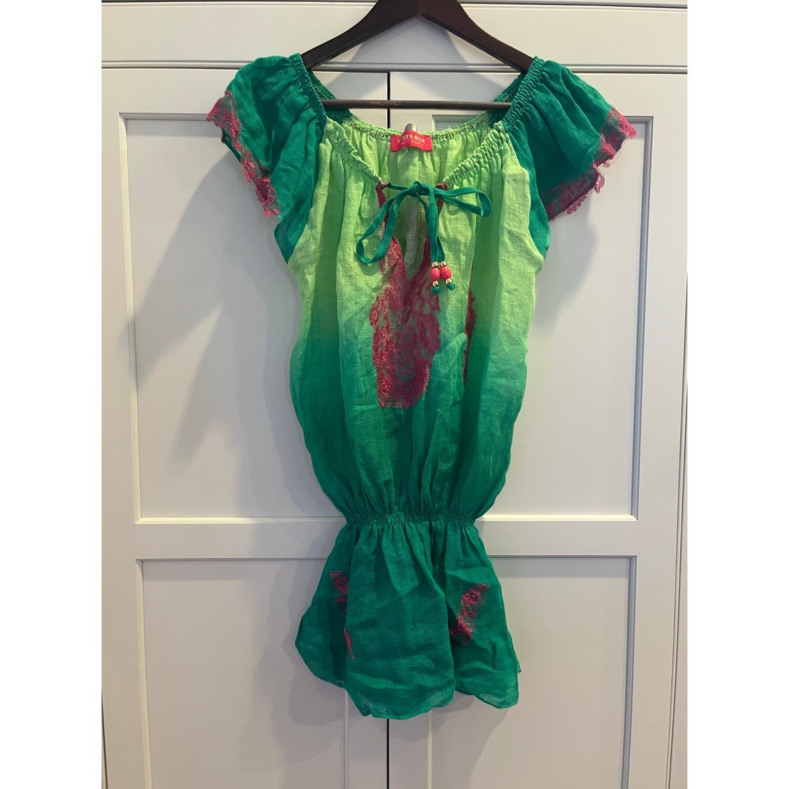 Vanita Rosa women’s top size S/M green flutter sleeves 100% linen/ lace France