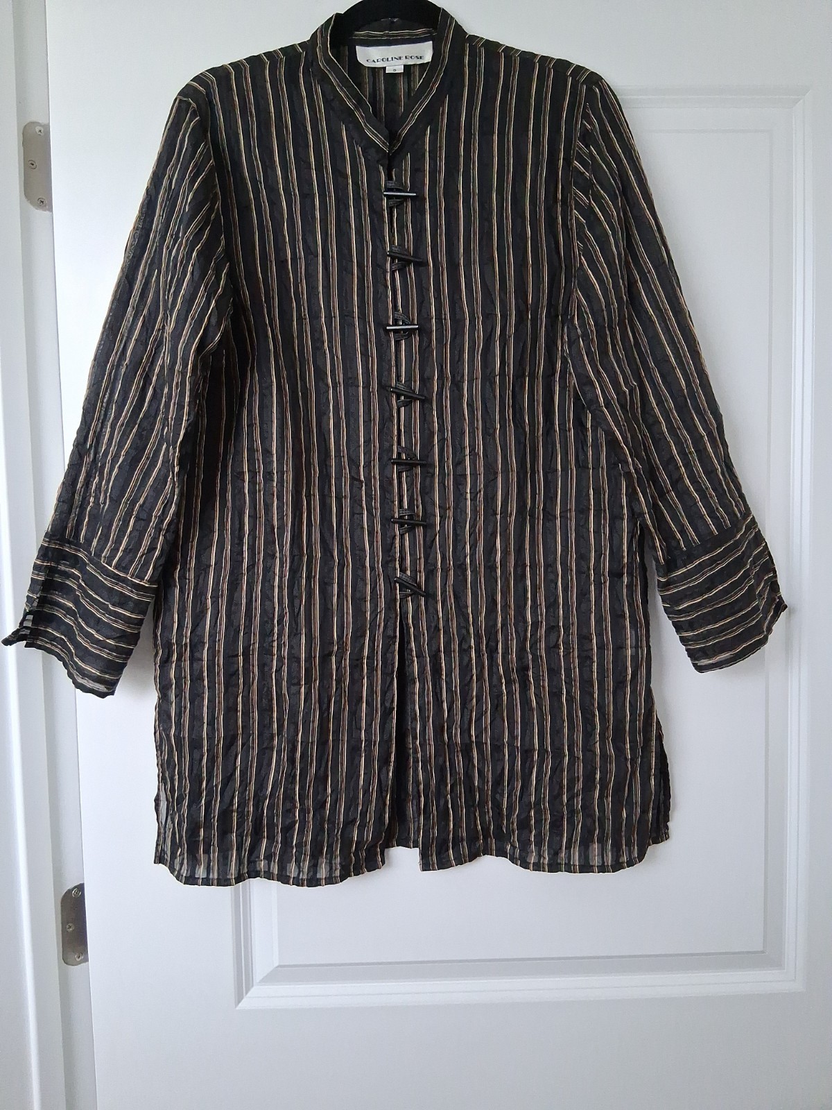 Caroline Rose Striped Monk Collar Topper S USA Linen Nylon Acetate Cotton Slits