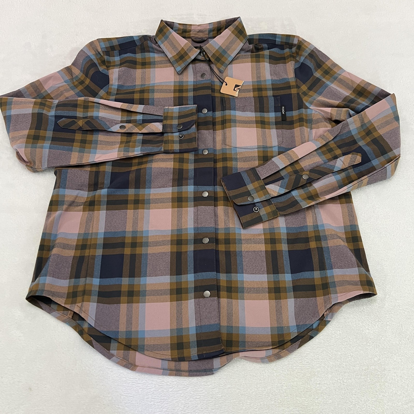 Flylow Brigitte Tech Flannel Shirt Womens Large RyePlaid Snap Button Up
