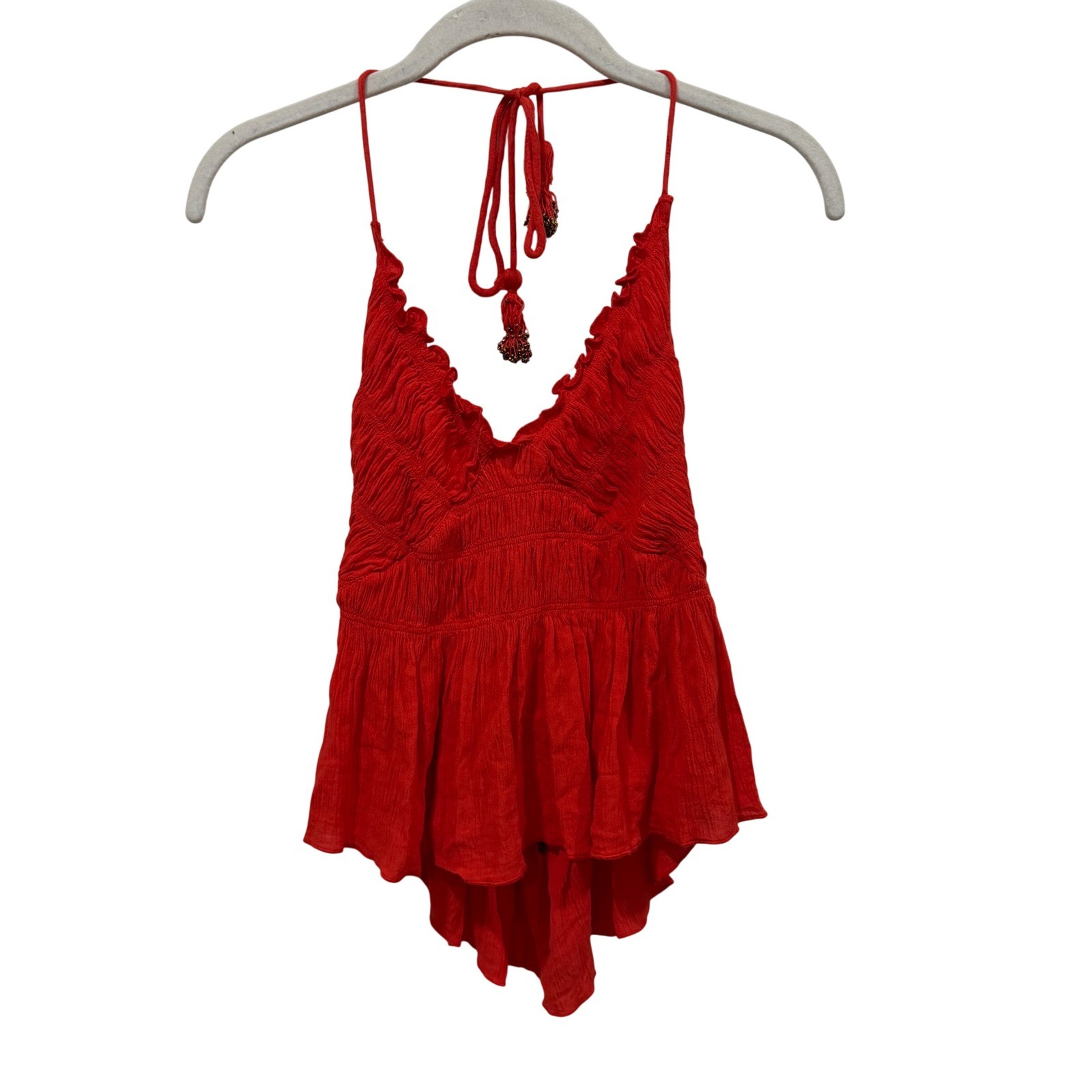 Free People Red Textured Smocked Halter Top Beaded Tassel High Low Boho Small