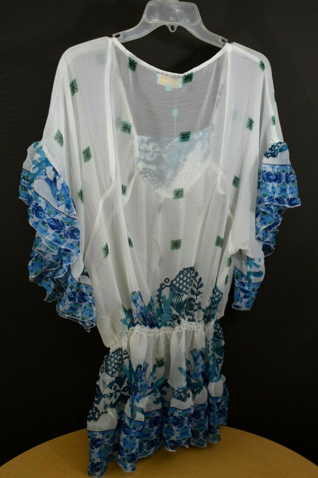 ANTICA SARTORIA 2020 AQUA & WHITE FISH & CORAL GATHERED AT HIP BEADED NWT TOP