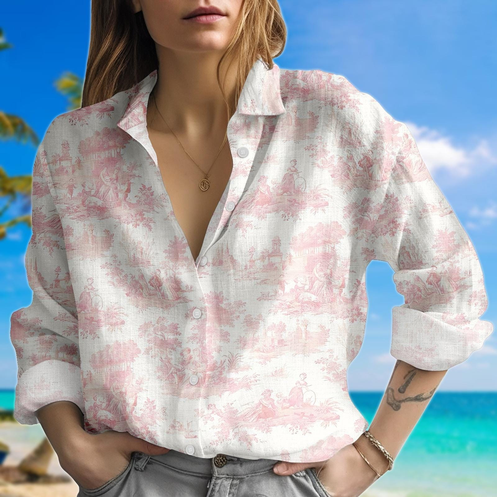 Pink Toile Print Shirt Vintage Scene Women Blouse Shirts