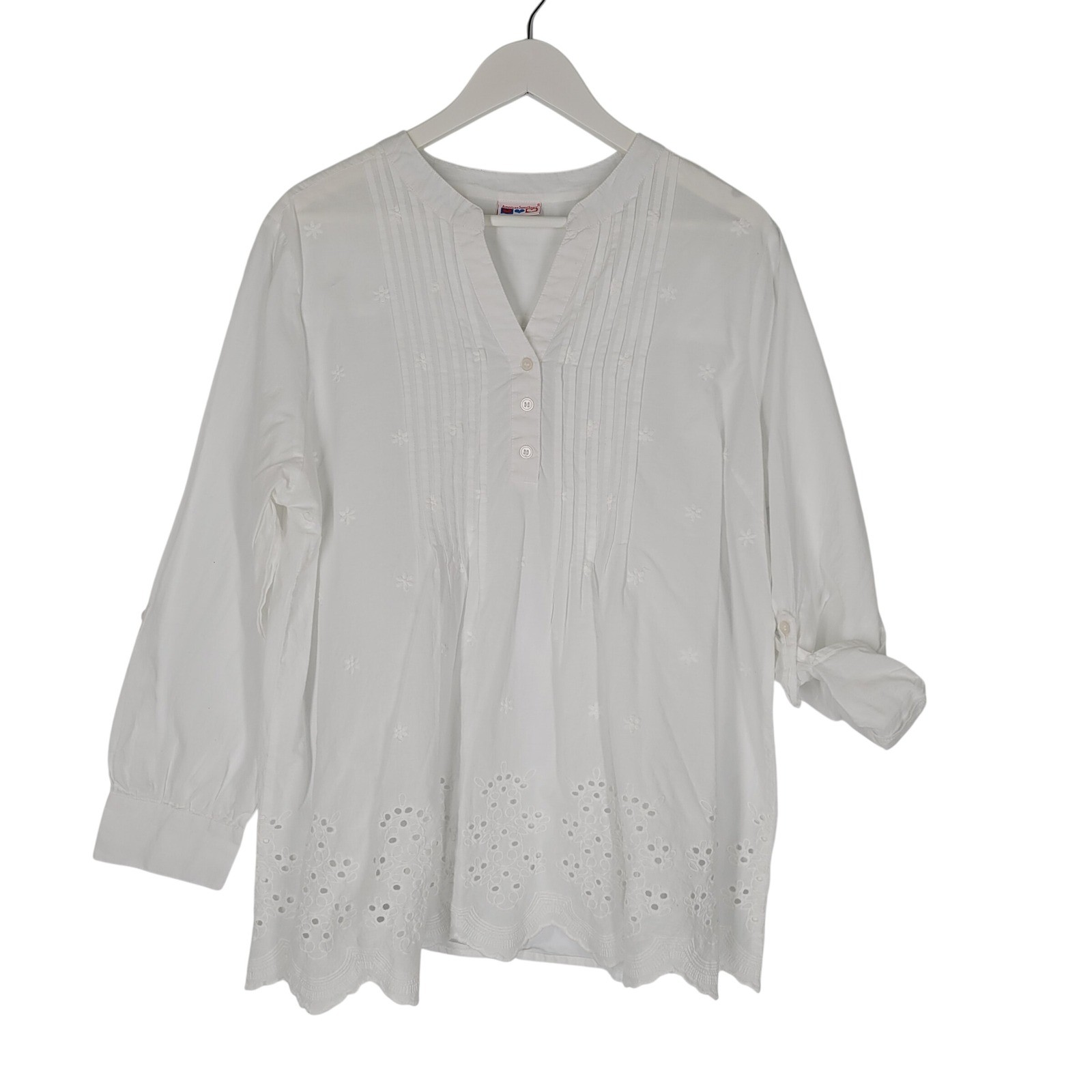 American Sweetheart Eyelet Tunic Womens XL White Embroidered Pintuck Blouse