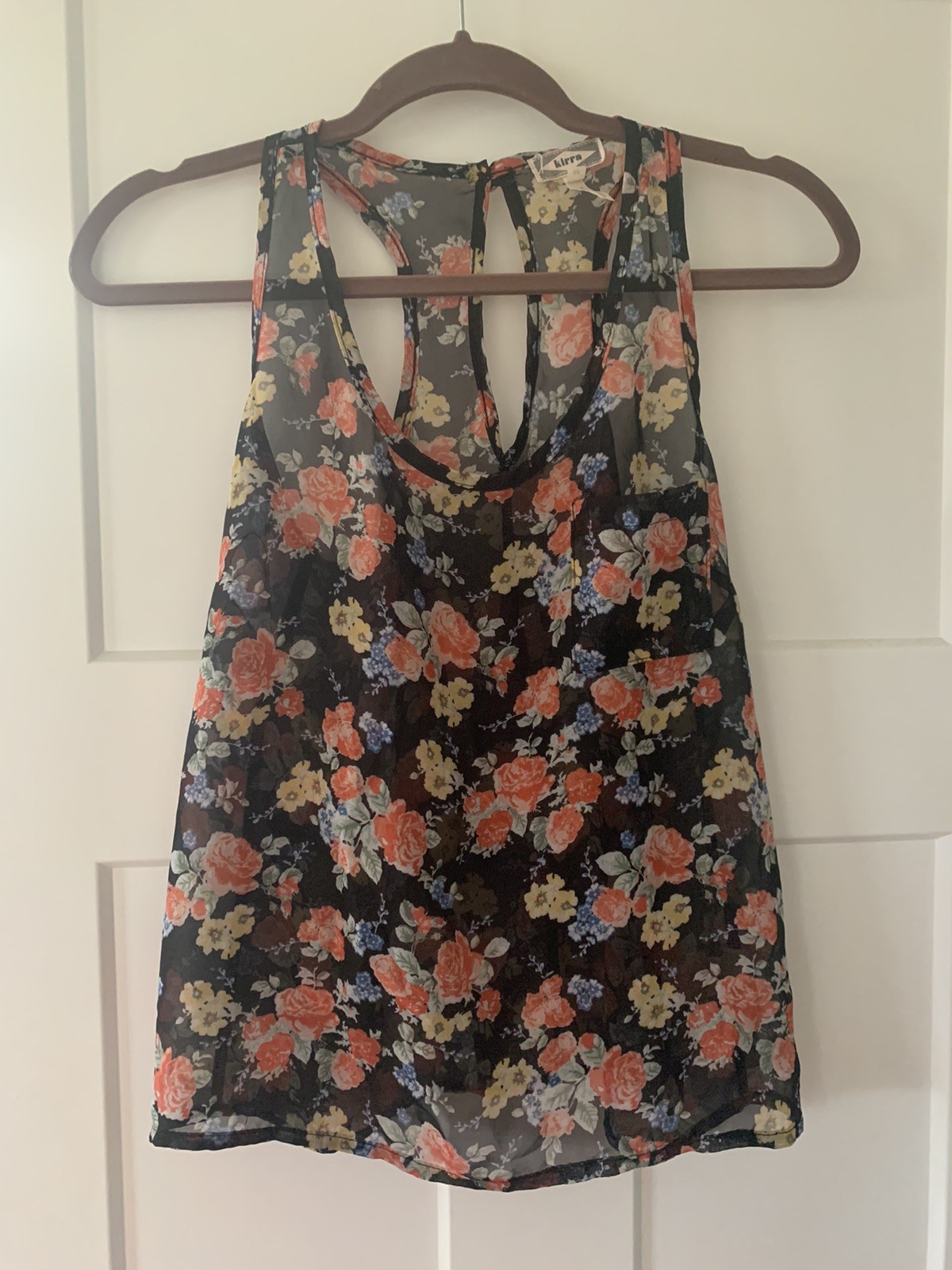 Kirra Women’s Size Medium Black Sheer Floral Racerback Tank Top Cutout Keyhole