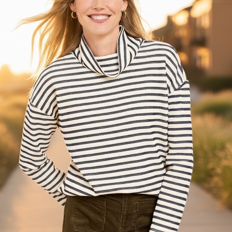 Talbots Size Large Petite Waffle Knit Ivory Black Striped Turtleneck Top