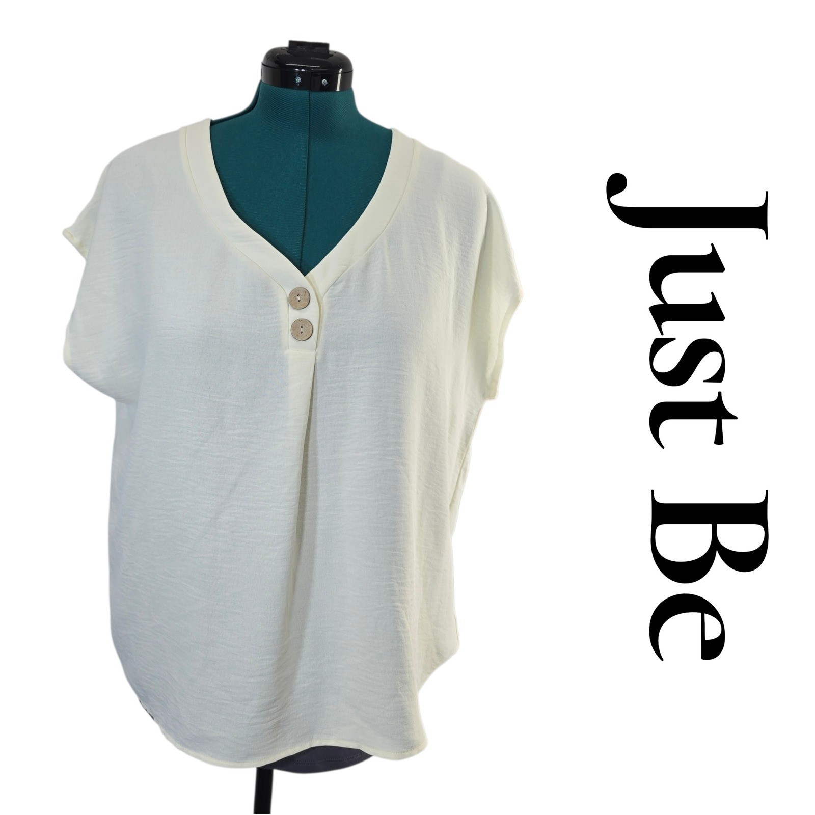Just Be Ivory V Neck Short Sleeve Button Detail Top Plus Size 1X Textured