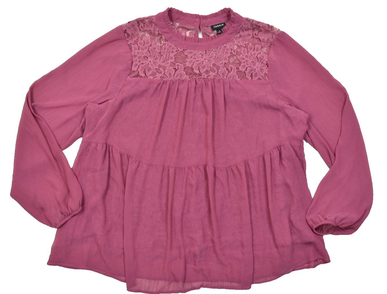 Torrid Size 2 Plus Wine Red Lace Mock Neck Babydoll Peplum Blouse Long Sleeve